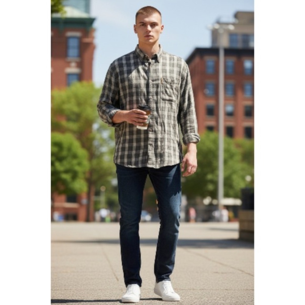 Magellan Sportswear Mens XL Olive Green Tan Plaid Long Sleeve‎ Button Down Shirt